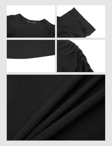 Vista 5 de SDEER - Camiseta básica de manga abombada para mujer, cuello redondo, manga corta, ajustada, blusas