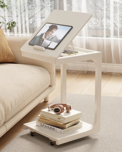 Vista 12 de AQIMUELE Mesa auxiliar de madera en forma de C, escritorio de sofá con 2 ruedas con cerradura, mesa de sofá de 4 niveles con bolsa de Natural