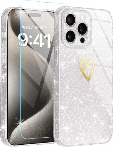 Vista 16 de Funda para iPhone 15, purpurina transparente con [1 protector de pantalla de vidrio templado] Funda protectora delgada y suave de silicona