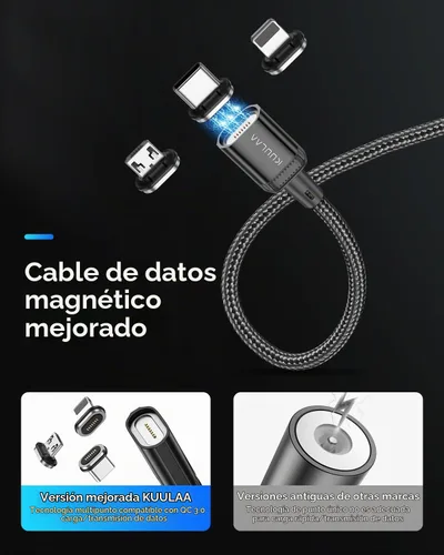 Vista 4 de Kuulaa Paquete de 3 cables de carga magnéticos, cable Lightning magnético, cargador de teléfono magnético de 3 A, carga rápida con puntas de carga 3