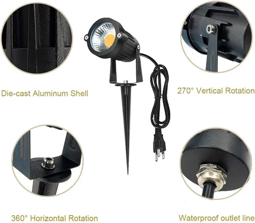 Vista 4 de Youngine - Juego de 2 luces LED COB de 5 W para exteriores IP65, impermeables, con soporte de púas y enchufe de EE. UU. para bandera al aire libre
