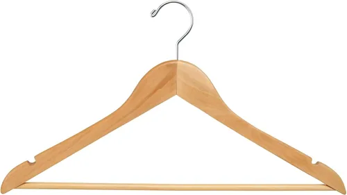 Vista 6 de Econoco Perchas planas de madera con gancho cromado, acabado natural duradero de lujo, perchas para blusas y vestidos, sin barra, paquete de 100