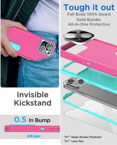 Vista 5 de AICase Funda para iPhone 13 con soporte integrado con protector de pantalla de vidrio + lente de cámara, resistente protección contra caídas, cuerpo