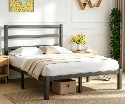 Vista 8 de LOEWAY - Marco de cama de metal resistente de 12 pulgadas con cabecero, listones de acero fuertes, almacenamiento debajo de la cama, no necesita