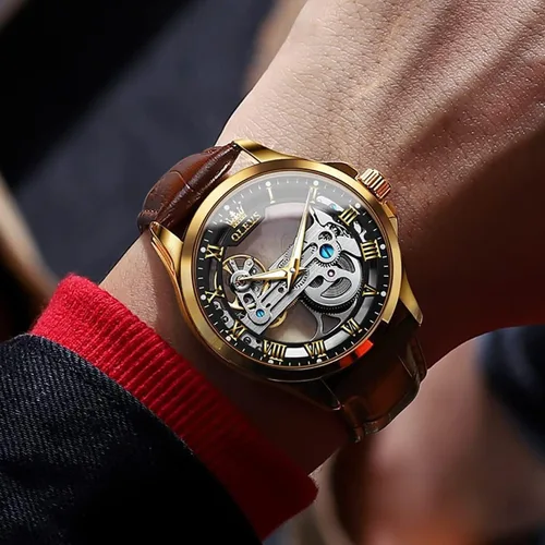 Vista 11 de OLEVS Relojes de esqueleto para hombre, automático, mecánico, de lujo, de cuero, impermeable, luminoso, reloj de pulsera para hombre