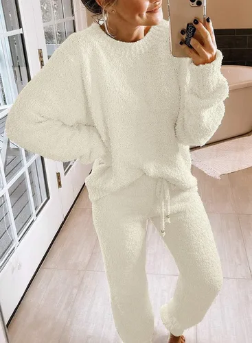 Vista 8 de luvamia - Conjunto de pijama informal para mujer, ropa de descanso de tela mullida de vellón tejido y manga larga
