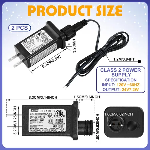 Vista 2 de 2 Piezas Fuente de Alimentación Clase 2 con 2 Cables de Extensión Transformador LED de Repuesto para Luces de Cadena de Navidad Controlador LED IP44