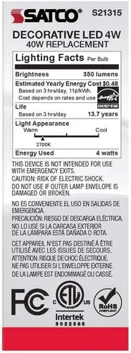 Vista 6 de Satco S21315 - Bombilla LED CA10 4W 927 esmerilada E26, 120 V, paquete de 6