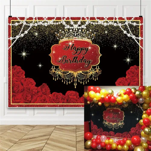 Vista 5 de Telón de fondo de feliz cumpleaños para mujer, 5 x 3 pies, rosas rojas, flores, manchas doradas, perlas, fondo de fotografía de lujo, decoración
