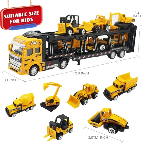 Vista 5 de OTONOPI Camión de transporte de automóviles, construcción de autos fundidos a presión, juego de vehículos de juego, camión portador con minicúa