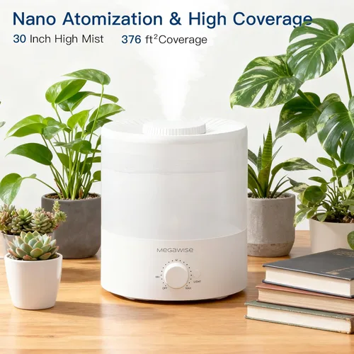 Vista 8 de MEGAWISE - Humidificador elegante de 1,5 L para dormitorio, bebé, planta, humidificadores ultrasónicos de bruma fresca de 24 dB, luz nocturna