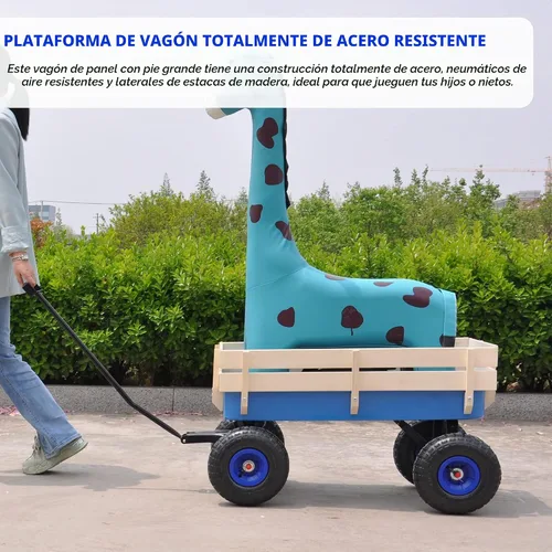 Vista 2 de Carro de carga de acero resistente con soporte lateral de madera con neumáticos todo terreno de 10", capacidad de arrastre de hasta 176lb, carro Azul