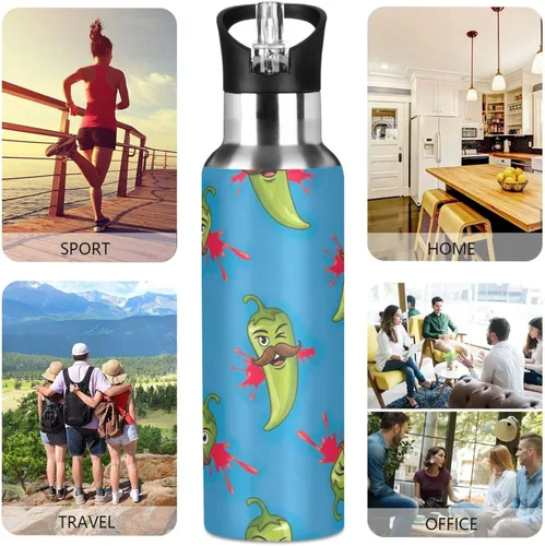 Vista 5 de Stainless Steel Vacuum Insulated Water Bottle 20 Oz, BPA-Free Sports Water Bottle for Gym Outdoor Travel School, Green Chili Peppers
