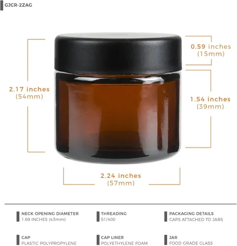 Vista 2 de Human Objects Tarros de vidrio ámbar de 2 onzas con tapas negras resistentes a los niños, 0.12 oz, 200 unidades, recipientes herméticos recargables