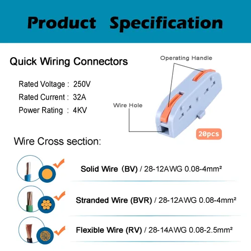 Vista 2 de Conectores de cable de empalme compacto de 1 conductor, Conectores de palanca para cableado 28-12 AWG (20 piezas naranja)