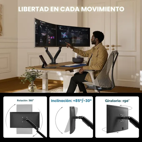 Vista 4 de HUANUO NITROGLIDE™ Soporte de monitor dual para 13 ″ – 40 ″, soporte de monitor doble premium con USB, soporte de monitor ajustable en altura para 2