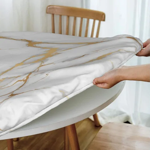 Vista 4 de Mantel para mesa redonda con estampado de mármol blanco, borde elástico, ajustado, impermeable, para mesas de interior y exterior, para comedor
