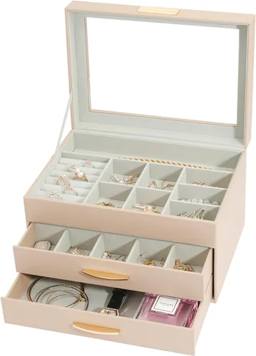 Vista 2 de V-LAFUYLIFE Organizador de joyas, caja de joyería de cuero de 3 niveles con 2 cajones, joyero para mujeres y niñas, caja de joyería de gran