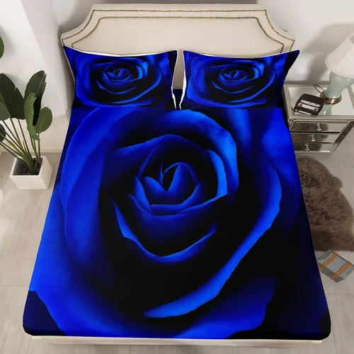 Vista 4 de Erosebridal Juego de sábanas de rosas tamaño individual, color azul, diseño romántico para mujeres, niñas, esposa, pareja, día de San Valentín