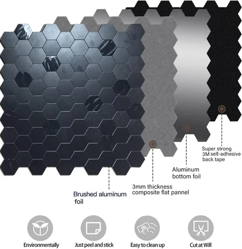 Vista 3 de XUANINY 10 azulejos de respaldo de metal para despegar y pegar, adhesivo de mosaico de aluminio para decoración de pared de cocina, diseño hexagonal