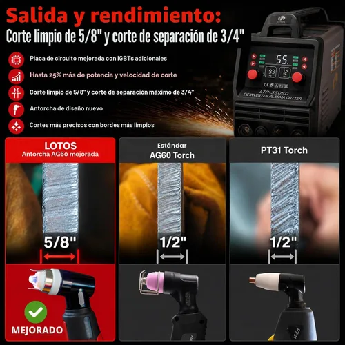 Vista 4 de LOTOS LTP5000D Cortador de plasma, actualización 2024 de 5/8" 16 mm corte limpio 3/4" 20 mm corte de separación 50A sin arco piloto plasma metal