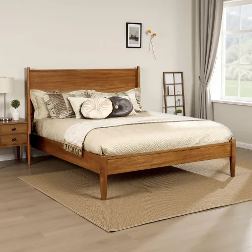 Vista 7 de Cama Queen de madera moderna de mediados de siglo con patas redondas cónicas, roble rústico