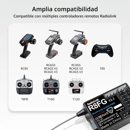 Vista 7 de Radiolink 3 ms Latencia 1,968.5 ft R8FG V2.2 8CH Gyro Receptor 2 unids para control remoto RC