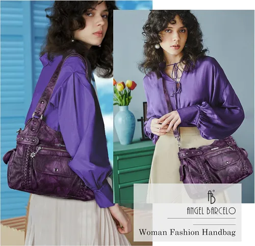 Vista 194 de Angel Barcelo - Bolsa de hombro amplia para mujer, diseño Hobo, cuero lavado