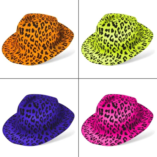 Vista 3 de Novelty Place Sombreros de fiesta de plástico con estampado de animales neón, estilo fedora con mafia de gángster, sombreros de fiesta con luz negra