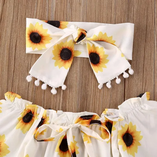Vista 3 de Bebé Niña Ropa De Hombro Fuera De Girasol De La Piña De Impresión Mameluco Mono De Borla Diadema De Sunsuit Conjunto
