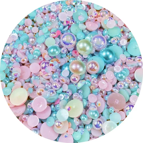 Vista 21 de Cuentas de resina con diamantes de imitación, mitad redonda, cuentas de perlas planas de 30 g, cuentas de media perla con diamantes de imitación