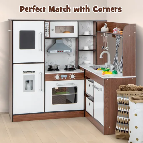 Vista 8 de INFANS Juego de cocina para niños con agua corriente real, juego de cocina de esquina de madera con luz de simulación de sonido y estufa