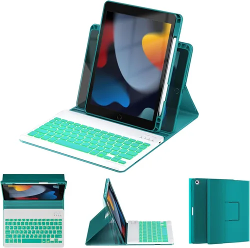 Vista 10 de OYEEICE Funda de teclado para iPad 6ª/5ª generación de 9.7 pulgadas, teclado inalámbrico desmontable retroiluminado de 7 colores, cubierta magnética