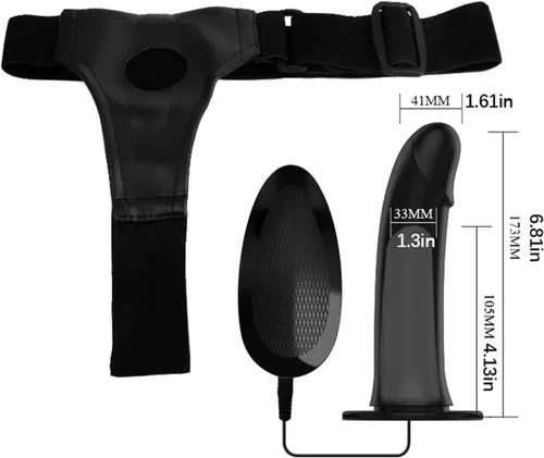 Vista 2 de Consolador vibrador negro con arnés de correa, consolador flexible de silicona con eje hueco para hombres y adultos, juguetes sexuales con control