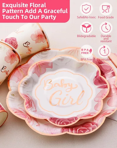 Vista 3 de Decoraciones para Baby Shower Girl - Juego de platos, tazas y servilletas para baby shower, sirven 24, platos festoneados florales rosas