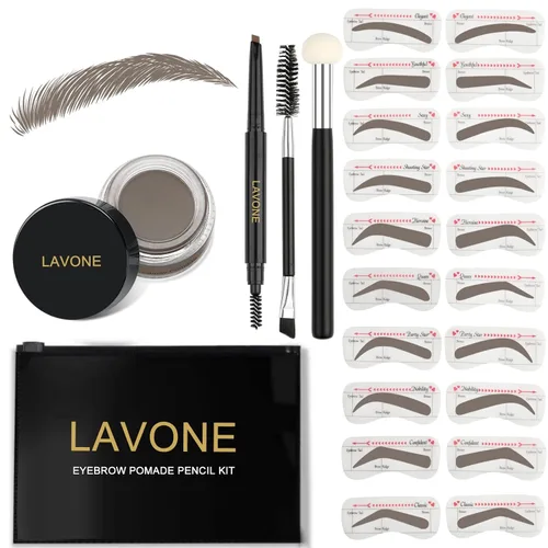 Vista 17 de LAVONE Kit de plantillas para cejas, trío de sellos para cejas con lápiz impermeable, pomada, 20 plantillas, cepillo de doble punta y aplicador