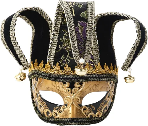 Vista 8 de Zinniday Máscara veneciana de bufón para mascarada, máscaras de comedia Oro y rojo