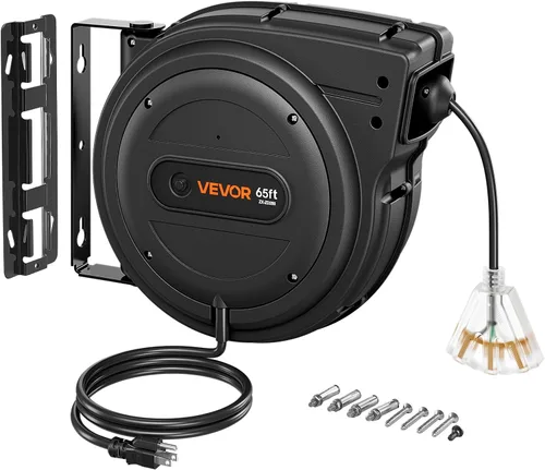 Vista 32 de VEVOR Carrete de cable de extensión retráctil de 25 pies resistente 14AWG Rojo