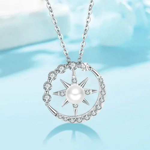 Vista 5 de Collar de perlas, brújula, regalo para esposa, joyería fina, aniversario de boda, plata de ley S925, colgante de Navidad, Día de la Madre, regalos