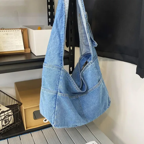 Vista 7 de Bolsas de mezclilla estilo hobo para mujer, estilo retro, para el hombro, estilo casual, para adolescentes, niñas