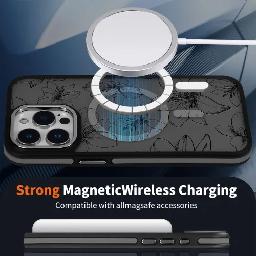 Vista 5 de DAIZAG Funda magnética para iPhone 13, [esquinas a prueba de golpes] [compatible con MagSafe], funda negra translúcida mate, estética floral de flor