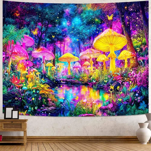 Vista 17 de Kanuyee Tapiz de luz negra de neón para colgar en la pared, bosque encantado, cascada, tapices para dormitorio, tapices UV, para colgar en la pared