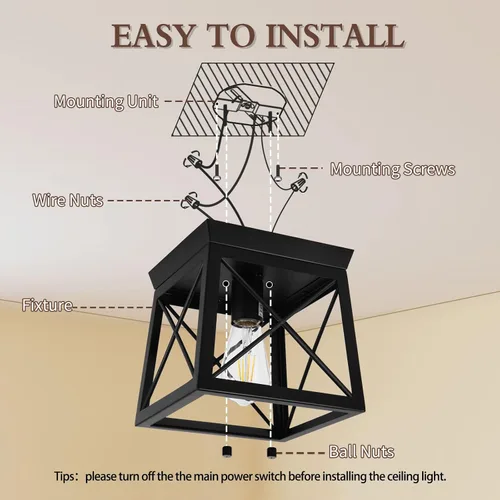 Vista 6 de 1 Light Black Industrial Flush Mount Ceiling Light Fixture - Square Farmhouse Caged Ceiling Light for Closet Kitchen Hallway Porch, E26, Dimmable
