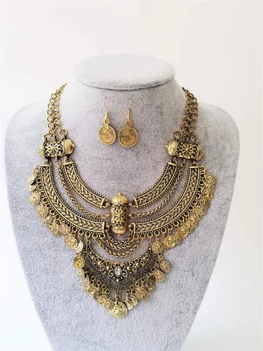 Vista 7 de Conjunto de collar y aretes para mujer, estilo étnico, étnico, étnico, gitano, grueso, para festivales