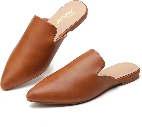 Vista 22 de Tilocow Mules para mujer, cómodos mocasines puntiagudos, sin espalda, planos, zapatos casuales de negocios, deslizantes, sin cordones beige
