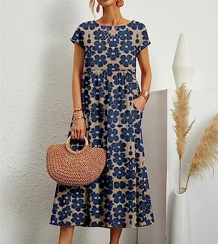 Vista 2 de Akivide Vestido de verano de algodón y lino con estampado floral de manga corta con cuello redondo y bolsillos para la playa