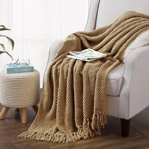 Vista 25 de Manta de punto suave con textura para sofá, manta de tweed crema con borlas de flecos para decoración del hogar, cama, sofá, silla, 50 x 60 Blanco