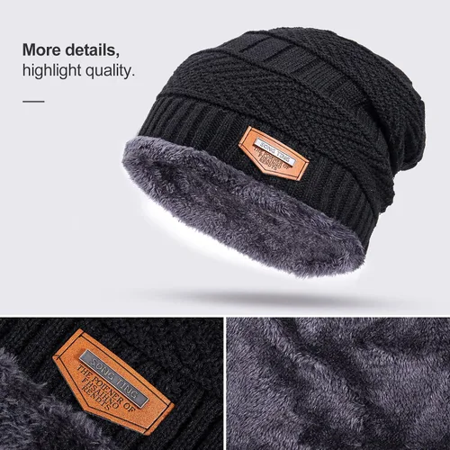 Vista 4 de Conjunto de bufanda y gorro de invierno, gorro cálido con forro polar, gorro de punto grueso para hombres y mujeres Negro