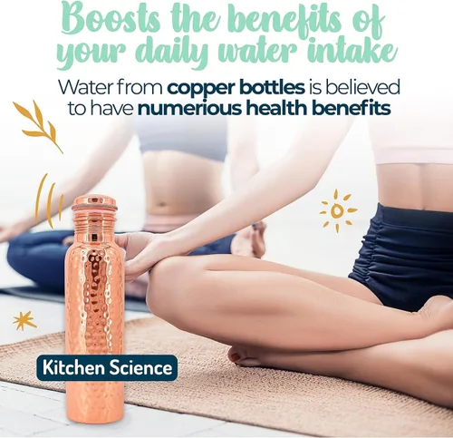 Vista 5 de Kitchen Science Auténtica botella de agua de cobre de 34 onzas / 33.8 fl oz con correa de cuero, a prueba de fugas, probada en laboratorio, botella