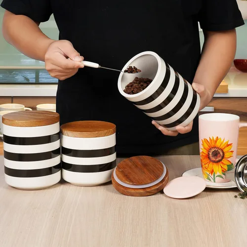 Vista 6 de Juego de 3 recipientes de cerámica Sunddo para encimera de cocina con tapa de bambú para café, azúcar y té
